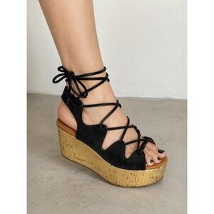 CHLOE See By Chloe Liana Wedge Sandal 6 Black Suede/Gold Cork Platform Gladiator
